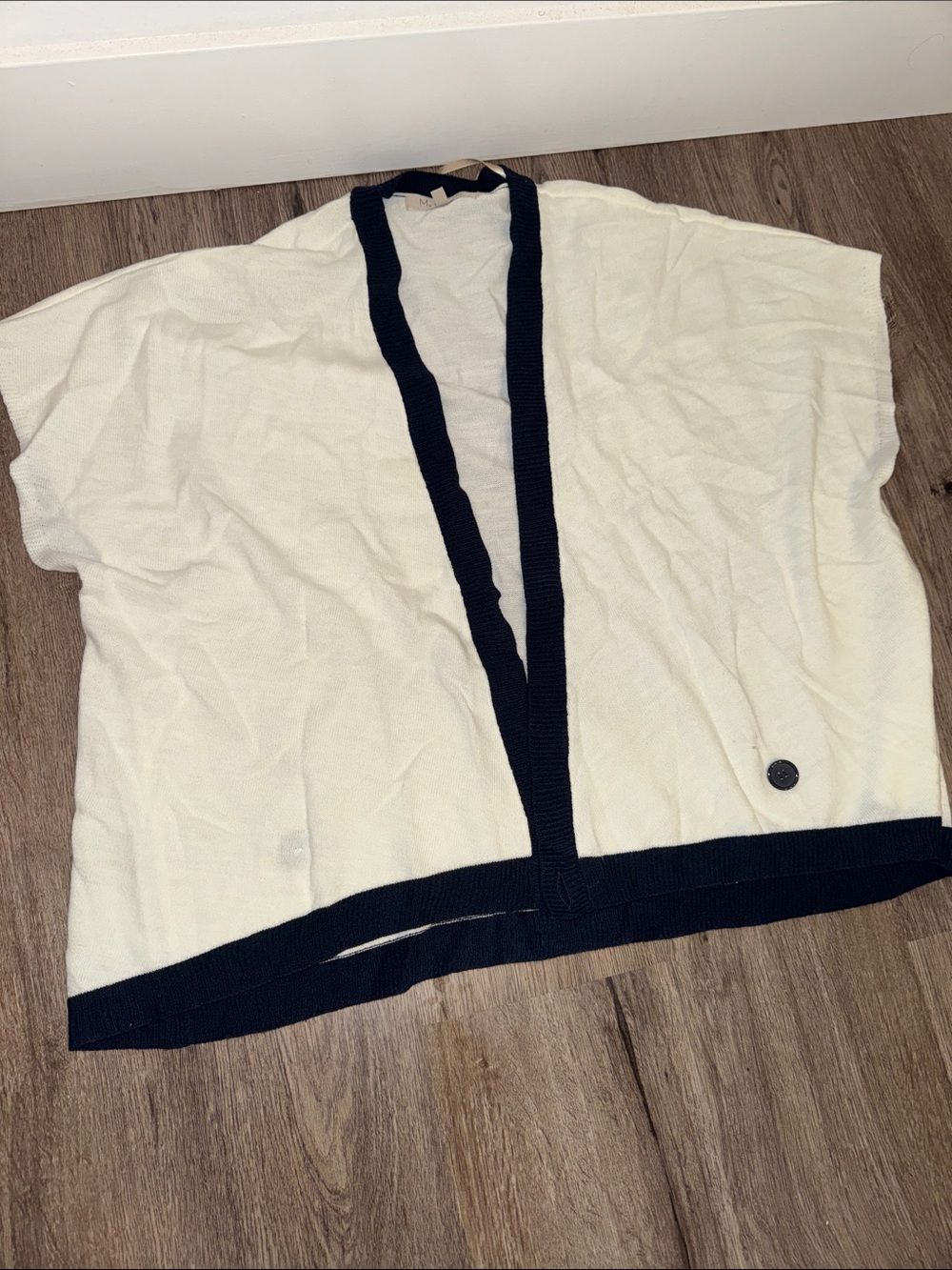 Cream Open-Front Cardigan with Navy Trim
